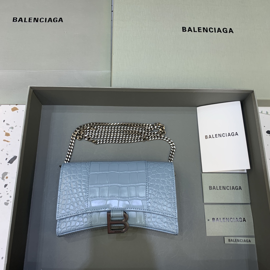 Balenciaga Small Hourglass Wallet With Chain Crocodile Embossed Shoulder Bag Light Blue